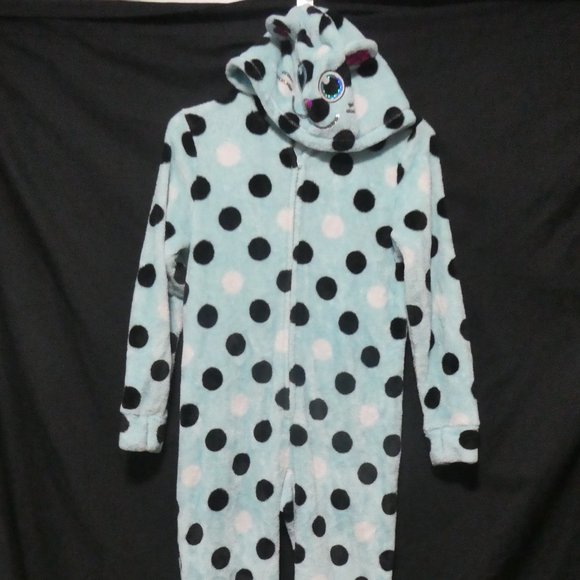 JUSTICE | Size 12 | Leopard, Cheetah, Cat | Fleece Polkadot Hooded Pajama | GUC - Picture 1 of 15